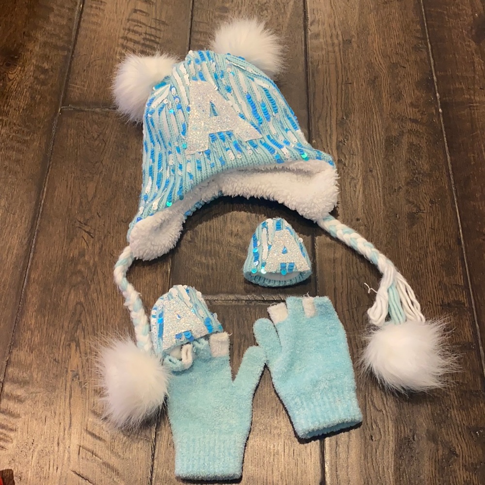 Justice girl Pom beanie hat glove sequin monogram